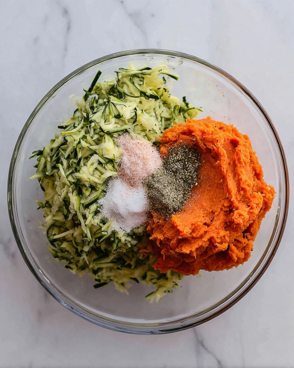 In a clear glass bowl on a white marbled surface, there are four distinct layers of ingredients. On the left side, there is a large mound of shredded green zucchini with dark green skin bits visible, creating a fluffy texture. On the right side, there is a vibrant mound of smooth mashed orange sweet potato. Sitting on top of the sweet potato are three smaller heaps of powdery seasonings: one is white, another is pale pink, and the last is ground black pepper with a coarse texture. The colors contrast sharply with each other and the transparent bowl makes all textures clear. Photo taken with an iphone --ar 4:5 --v 7