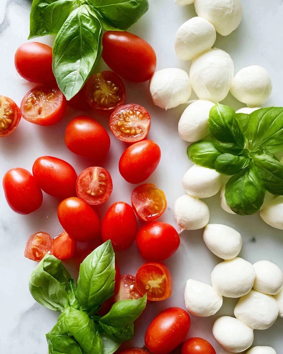 The image shows a simple arrangement of fresh ingredients on a white marbled surface, with a group of bright red grape tomatoes, some whole and some sliced in half, placed on the left side. On the right side, there are small round white mozzarella balls, some whole and some sliced, scattered around. Fresh green basil leaves are placed among the tomatoes and mozzarella, adding a pop of color and freshness. The textures highlight the smooth shiny tomatoes, soft and matte cheese, and crisp leaves. Photo taken with an iphone --ar 4:5 --v 7