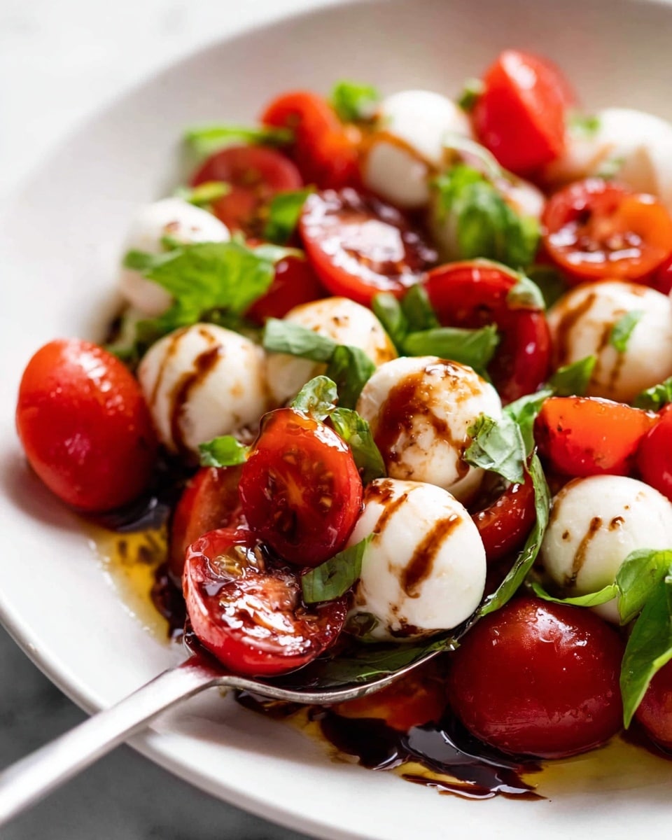 This image shows a close-up of a fresh dish with about three layers: shiny white round mozzarella balls forming the main layer, bright red cherry tomato halves scattered evenly, and small fresh green basil leaves placed throughout. A dark brown balsamic glaze is drizzled over the top, adding a glossy texture and contrast. All the ingredients are on a white plate sitting on a white marbled surface. There is a silver spoon holding some of the salad from the lower right corner. The overall look is fresh and colorful, with a mix of smooth, juicy, and leafy textures. Photo taken with an iphone --ar 4:5 --v 7
