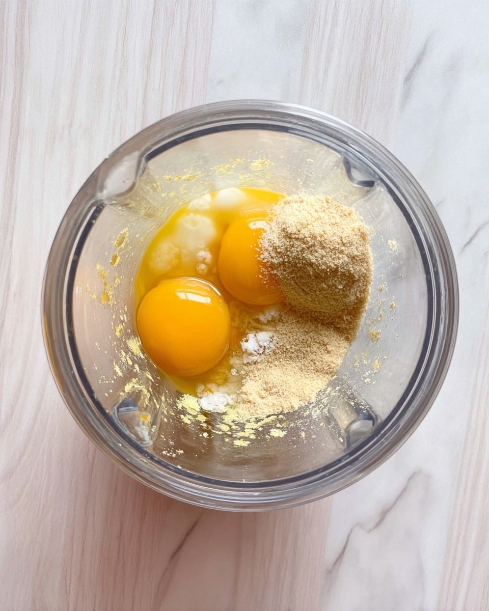 Inside a clear blender container sitting on a white marbled surface, there are two whole raw eggs with golden yellow yolks and clear egg whites. On the right side, a small mound of light beige powder, likely breadcrumbs, rests on top of the egg whites. Below that, another smaller pile of similar beige powder is placed, mixing a bit with the eggs. The container has some splatters of white creamy residue along the upper inner walls. The wood grain table beneath has been changed to a white marbled texture. Photo taken with an iphone --ar 4:5 --v 7