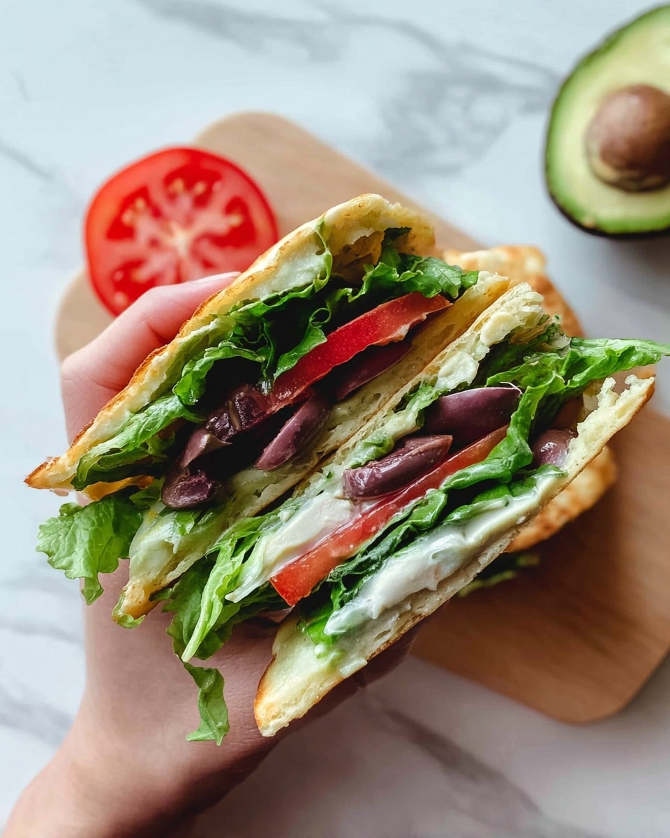 A woman's hand holds a sandwich cut in half showing three main layers inside a golden, toasted flatbread: a bottom layer of green leafy lettuce with a creamy light dressing, a middle layer of dark purple olives sliced in half, and a top layer of bright red tomato slices under fresh green lettuce leaves. In the background on a white marbled surface, there is a whole red tomato slice and a halved avocado with a dark seed visible. The sandwich looks fresh and colorful, showing the textures of crisp lettuce, smooth creamy dressing, soft olives, and juicy tomato photo taken with an iphone --ar 4:5 --v 7