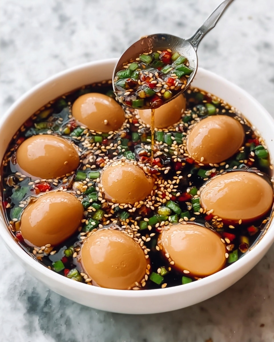 A white bowl filled with a dark soy-based sauce that has a shiny surface, floating with nine smooth, shiny, light brown eggs evenly spaced in the sauce. The sauce contains small pieces of green onion, red chili, chopped garlic, and sprinkled white sesame seeds evenly covering the surface. A silver spoon above the bowl holds some of the sauce with visible green onion and sesame seeds dripping back into the bowl. The bowl sits on a white marbled texture. photo taken with an iphone --ar 4:5 --v 7