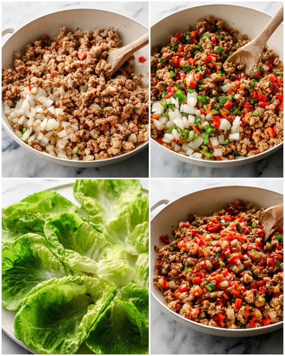 The image shows four steps of making a cooked ground meat and vegetable mixture. The first step shows a white pan filled with pale, cooked ground meat being stirred by a wooden spoon. The second step shows the same white pan, but now half has the cooked meat and the other half has chopped white vegetables, red bell peppers, and green peppers. The third step shows the mixture fully combined and cooked in the white pan with the wooden spoon stirring; the colors are now richer with brown meat, red peppers, and white chunks. The last step displays the finished mixture placed on fresh green lettuce leaves, arranged in a dish, ready to be served. The background is a white marbled surface. Photo taken with an iphone --ar 4:5 --v 7