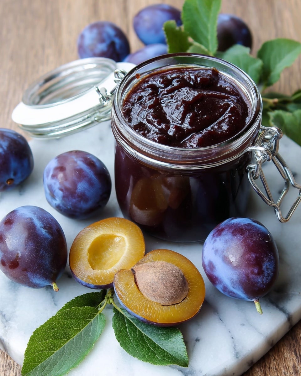 A glass jar filled with thick, dark brown plum jam with a shiny and smooth texture, the jar’s clasp is open showing the jam inside. Around the jar are several whole dark purple plums with a soft, matte skin, and one halved plum showing its yellow flesh and brown seed inside. There are also three greenish leaves near the plums. The items rest on a white marbled surface. photo taken with an iphone --ar 4:5 --v 7