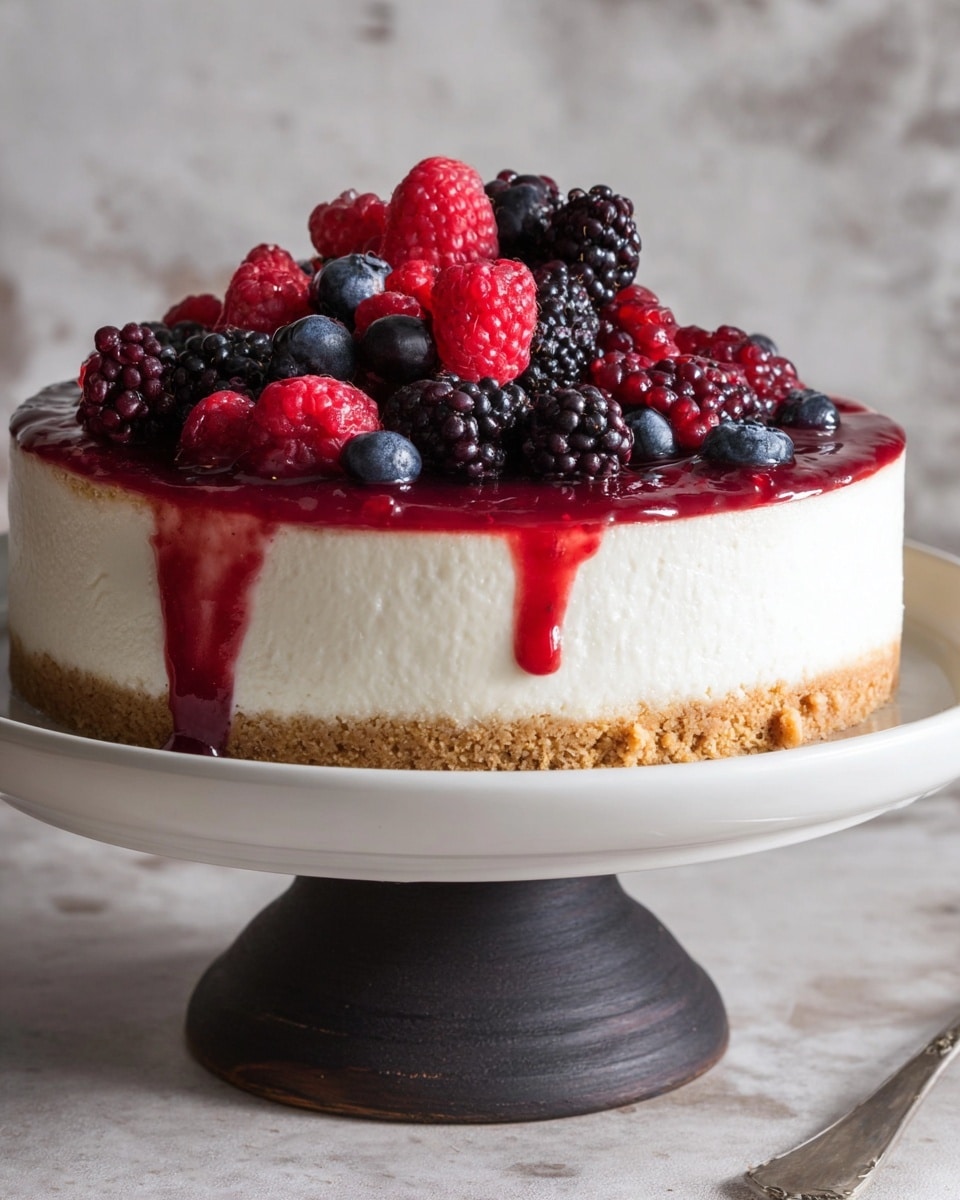 A three-layer cheesecake is displayed on a white plate with a dark stand below it. The bottom layer is a crumbly light brown crust, the middle layer is thick and smooth white cream filling, and the top layer is a red berry sauce that slightly drips down the sides. On top of the sauce is a mixed pile of fresh berries including red raspberries, black blackberries, and blue blueberries. The background and surface are a white marbled texture. Photo taken with an iphone --ar 4:5 --v 7