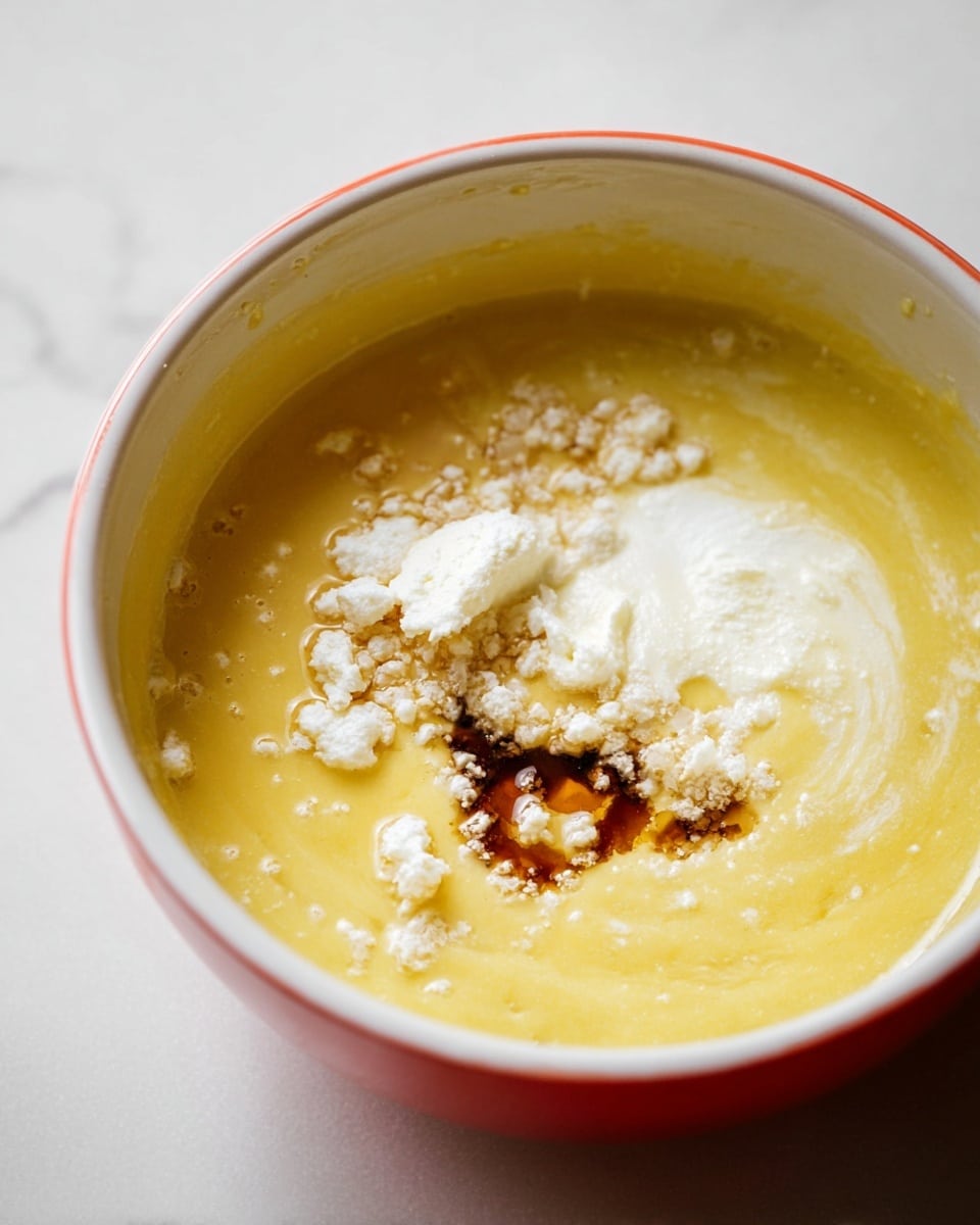 Inside a white bowl with a red outside edge, there is a mix of ingredients. The base layer is a smooth, yellow liquid spread evenly. On top, there are small white grains clustered in some spots, along with a dollop of a thicker white substance that looks soft and creamy. Near the center, there is a small splash of dark brown liquid blending into the yellow base. The close-up view shows the wet textures and soft clumps of the ingredients clearly against the white bowl. The bowl sits on a white marbled surface. photo taken with an iphone --ar 4:5 --v 7