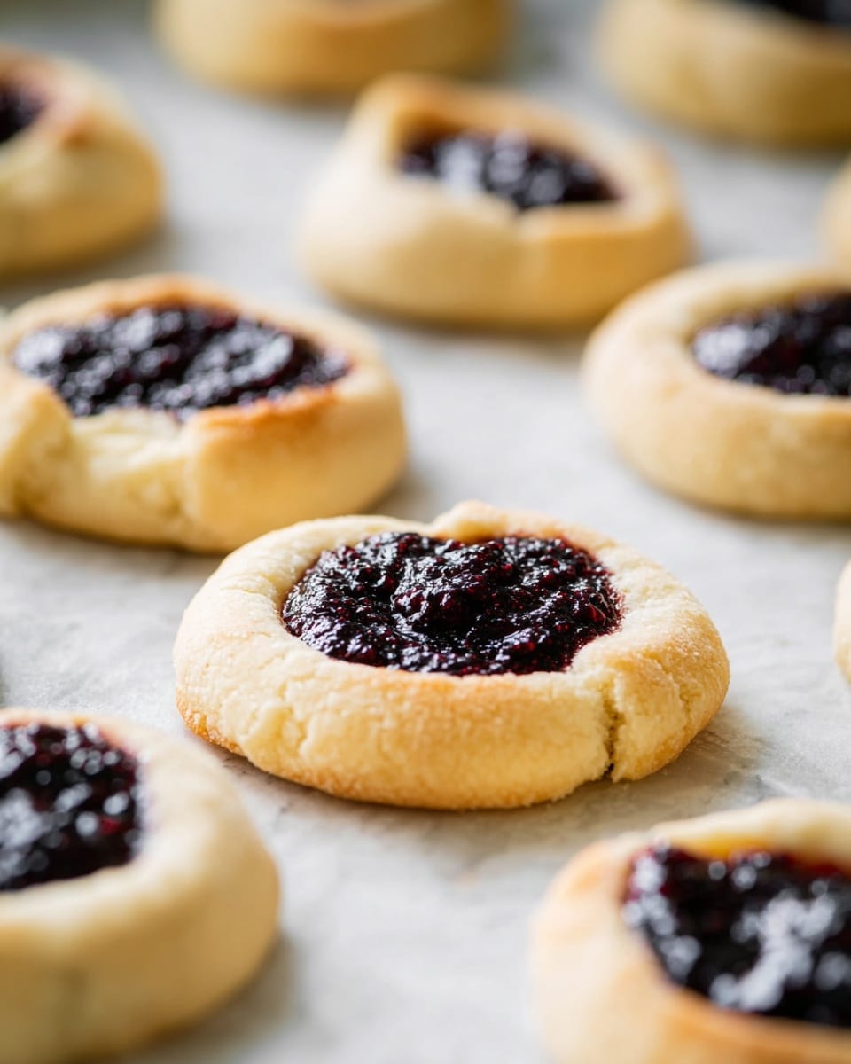 The image shows multiple small round pastries arranged on a white marbled surface. Each pastry has one layer of light golden-brown dough that looks soft and crumbly with slight cracks on the edges. In the center of each pastry, there is a thick, dark purple-black jam filling that has a shiny, slightly textured surface. The pastries are spaced evenly across the surface, and the focus is on one pastry in the foreground with others fading softly into the background. photo taken with an iphone --ar 4:5 --v 7