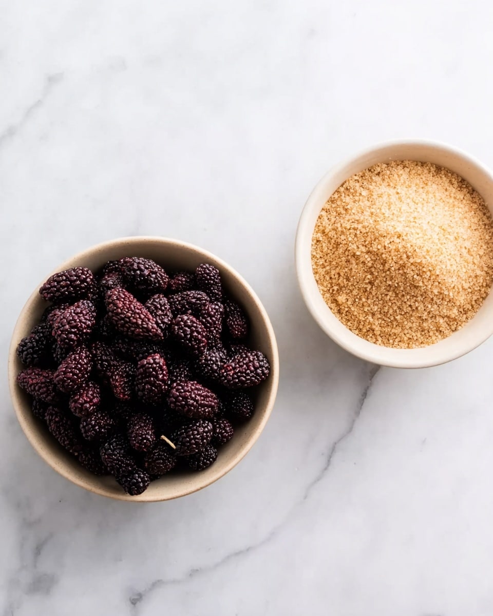 Two white bowls are placed on a white marbled surface, one on the left filled with dark purple mulberries showing a bumpy, textured surface, and the other on the right filled with light brown granulated sugar, showing a grainy texture. The bowls are simple, round, and off-white, and the arrangement is neat and minimal. Photo taken with an iphone --ar 4:5 --v 7
