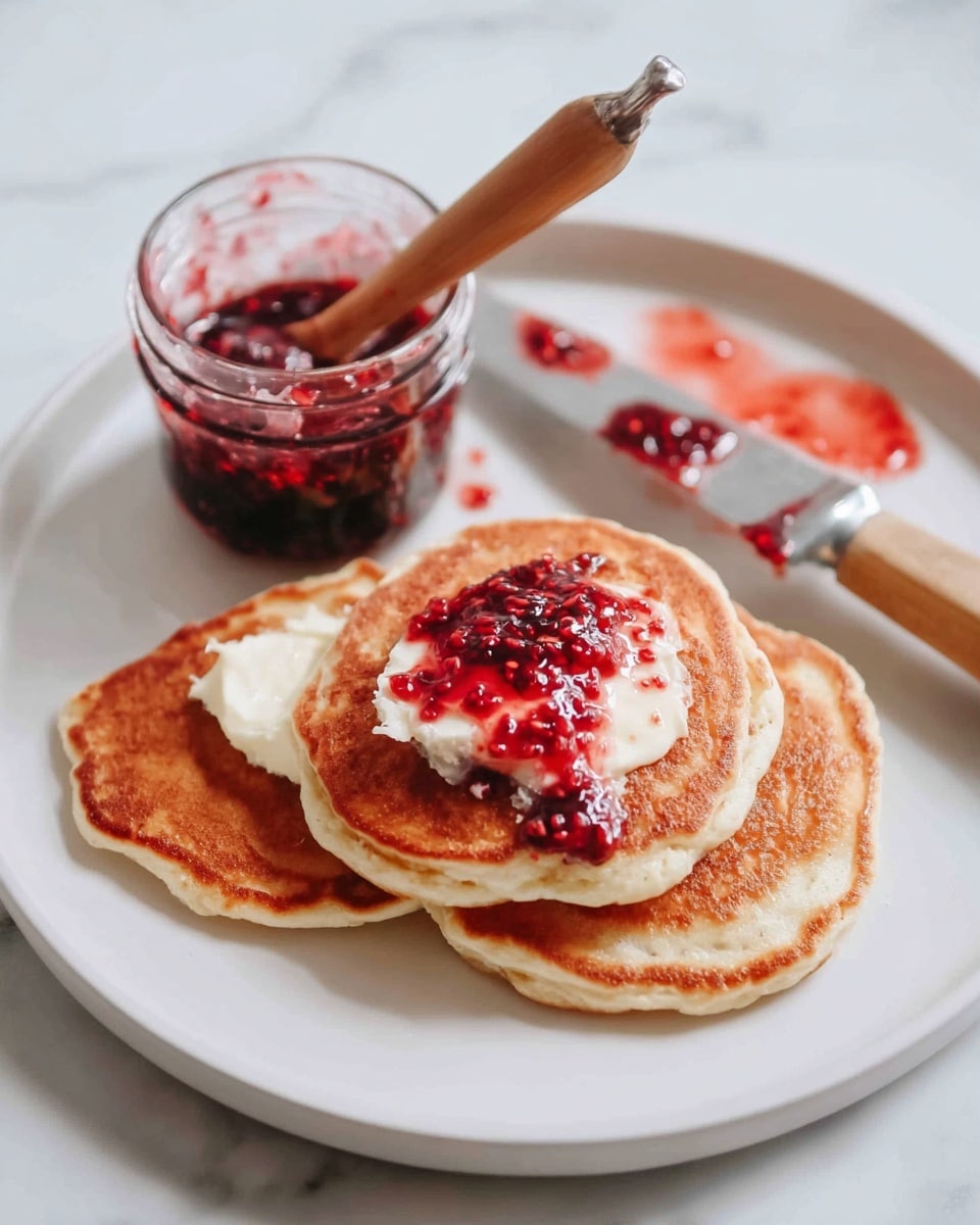 The image shows a white plate with two stacks of three golden-brown pancakes each; the pancakes have a soft and slightly fluffy texture. In the front, one pancake from the left stack is topped with melting white butter and red berry jam with visible small berry pieces scattered unevenly. Next to the pancakes, there is a small glass jar filled with red berry jam and a wooden-handled knife resting inside. The jar's silver lid is placed behind it with a small smear of jam inside. The surface under the plate is a white marbled texture. photo taken with an iphone --ar 4:5 --v 7