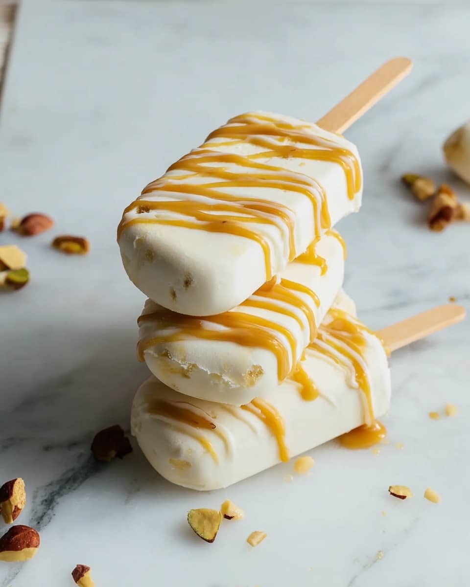 The image shows three small, white ice cream bars stacked on top of each other on a white marbled surface. Each bar is covered with a smooth white coating and has thin, uneven lines of light brown sauce drizzled across them. The ice cream bars have wooden sticks sticking out from one end. There are some scattered nuts around the bars, adding a natural texture and a touch of brown color to the scene. The photo taken with an iphone --ar 4:5 --v 7