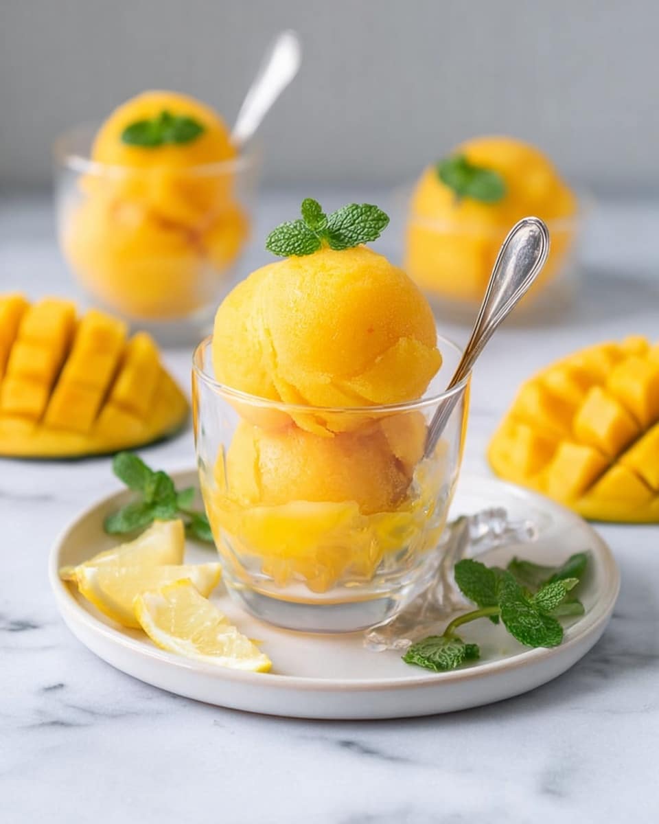 The image shows a small clear glass filled with three bright yellow-orange scoops of smooth mango sorbet stacked on top of each other, topped with two small green mint leaves, and a silver spoon placed inside the glass from the right side. The glass sits on a round white plate with a soft matte texture on a white marbled surface. Around the glass on the plate, there are small lemon wedges, fresh mint leaves, and a half mango with a checkered cut pattern visible. In the blurred background, there are two more similar glasses with the same mango sorbet and silver spoons. Photo taken with an iphone --ar 4:5 --v 7
