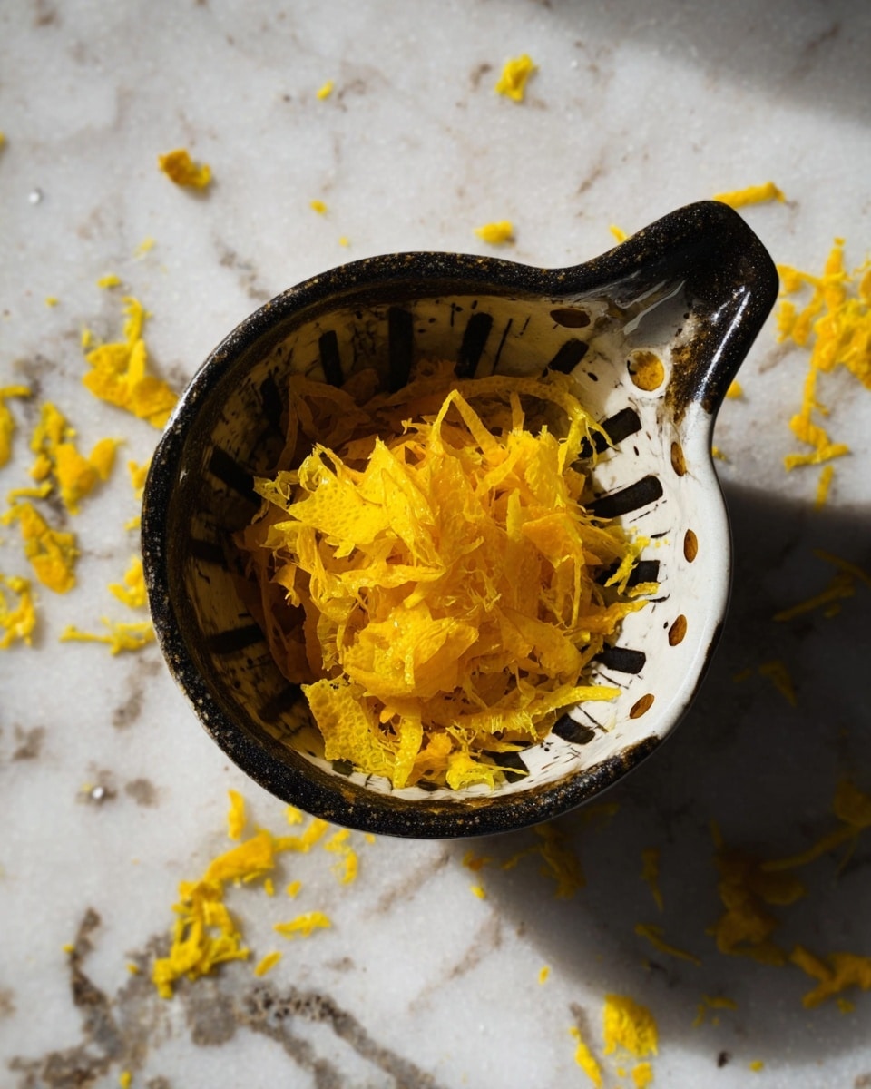 A small ceramic bowl with a handle, decorated with dark dots and vertical lines inside, contains a small pile of bright yellow shredded zest-like pieces. The bowl sits on a white marbled surface with subtle gray veins, and some zest pieces are scattered lightly around the edge of the bowl. The lighting emphasizes the texture of the zest and the bowl's details. Photo taken with an iphone --ar 4:5 --v 7
