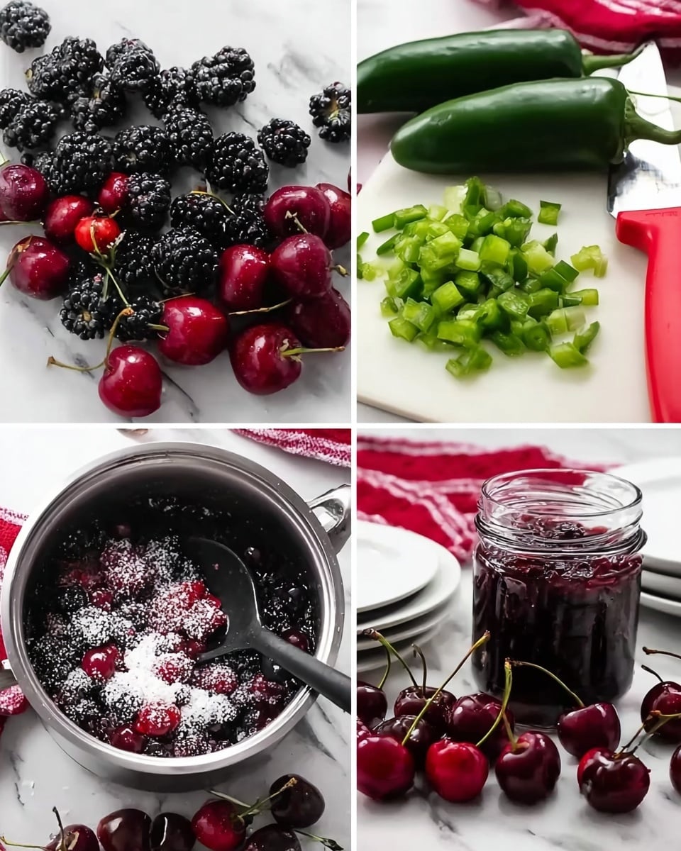 The image shows four parts of a berry and pepper jam-making process. The first part has a pile of dark blackberries, bright red cherries, and two dark green jalapeño peppers on a white marbled surface. The second part shows one whole jalapeño pepper and small green diced pieces on a white cutting board with a red knife beside them, with blackberries and cherries nearby. The third part shows a silver pot filled with blackberries, cherries, and diced green peppers covered with white sugar, with a black spoon stirring them. The last part shows a small glass jar filled with dark red jam, surrounded by fresh cherries, blackberries, and a jalapeño pepper, all on the white marbled surface with white plates and a red and white cloth in the background. Photo taken with an iphone --ar 4:5 --v 7
