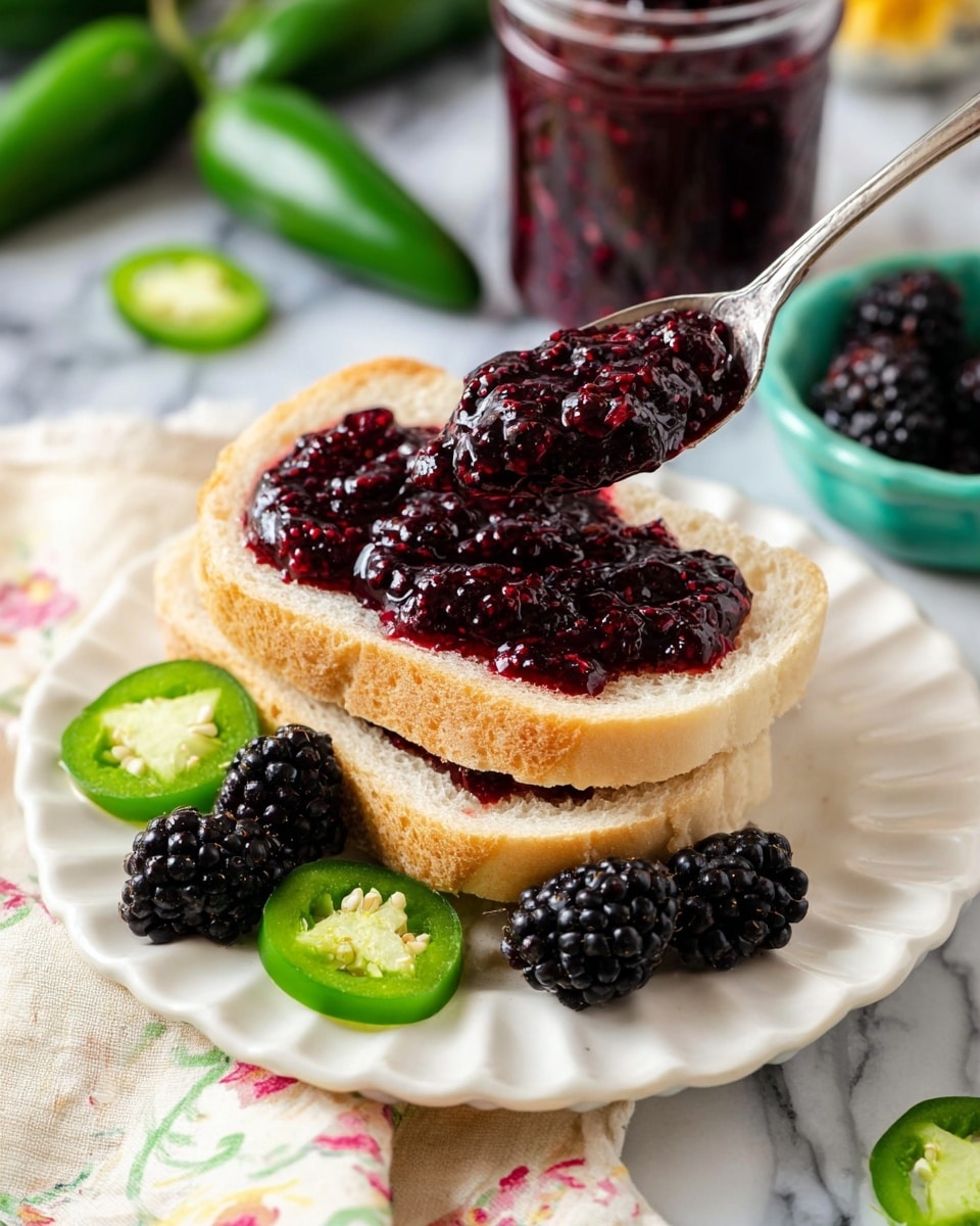 A close-up of two layers of soft, light beige bread with a shiny, chunky dark red blackberry jam spread thickly on the top slice, held by a silver spoon. Around the bread on a white scalloped plate, there are fresh black shiny blackberries and bright green slices of jalapeño peppers. In the background, whole green jalapeños and jars filled with the same jam add depth, all set on a white marbled surface with a soft cloth under the plate. photo taken with an iphone --ar 4:5 --v 7