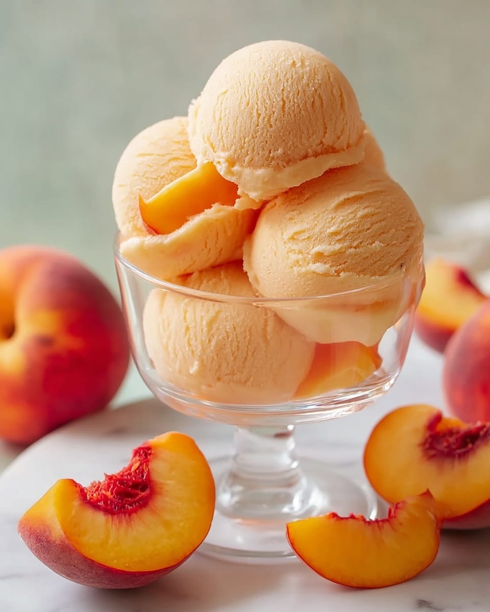 There is a clear glass cup filled with five smooth, round scoops of light orange peach ice cream stacked closely together in layers. In between the scoops, you can see small slices of fresh peach with red-orange skin and yellow-orange flesh. Around the glass cup, four peach halves with red-orange skin and yellow-orange flesh sit on a white marbled surface. The background is soft and muted, focusing attention on the ice cream and fruit. The photo taken with an iphone --ar 4:5 --v 7