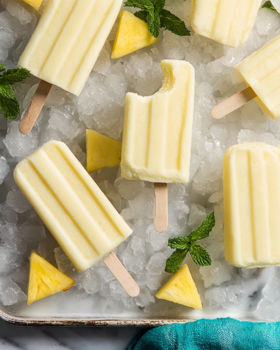 The image shows six pale yellow popsicles with smooth, slightly ribbed surfaces lying on crushed ice. One popsicle in the center has a bite taken out of it from the top left corner, showing a creamy interior. The popsicles are arranged irregularly, some sticks facing downwards, on a white marbled textured surface with crushed ice underneath. Around the popsicles, there are small triangular pieces of yellow pineapple and sprigs of green mint leaves, adding to the fresh look. A small part of a white tray with metal edges and a teal cloth is visible at the bottom. photo taken with an iphone --ar 4:5 --v 7